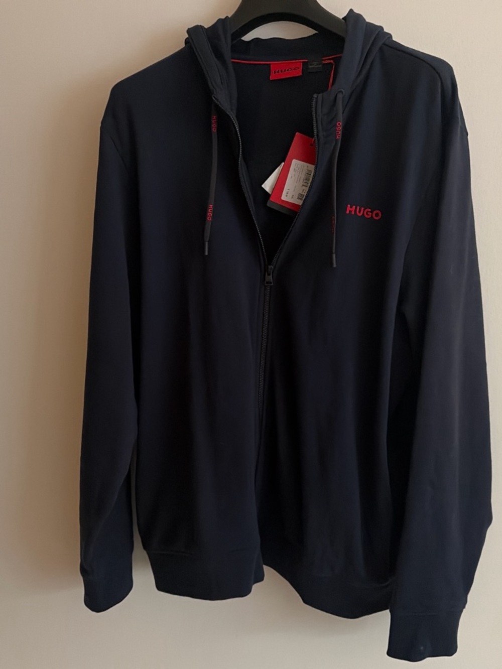 HUGO Men's Dark Navy Zip-Up Hoodie with Red Logo